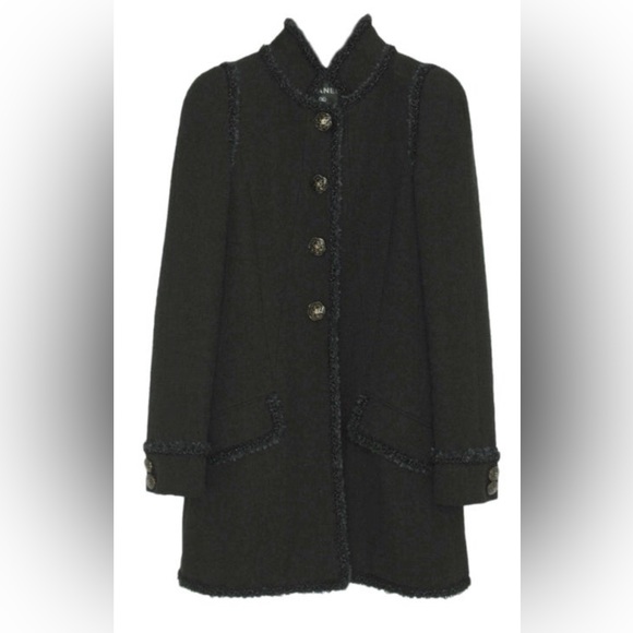 Chanel Navy Multicolour Tweed Coat with Black Trim